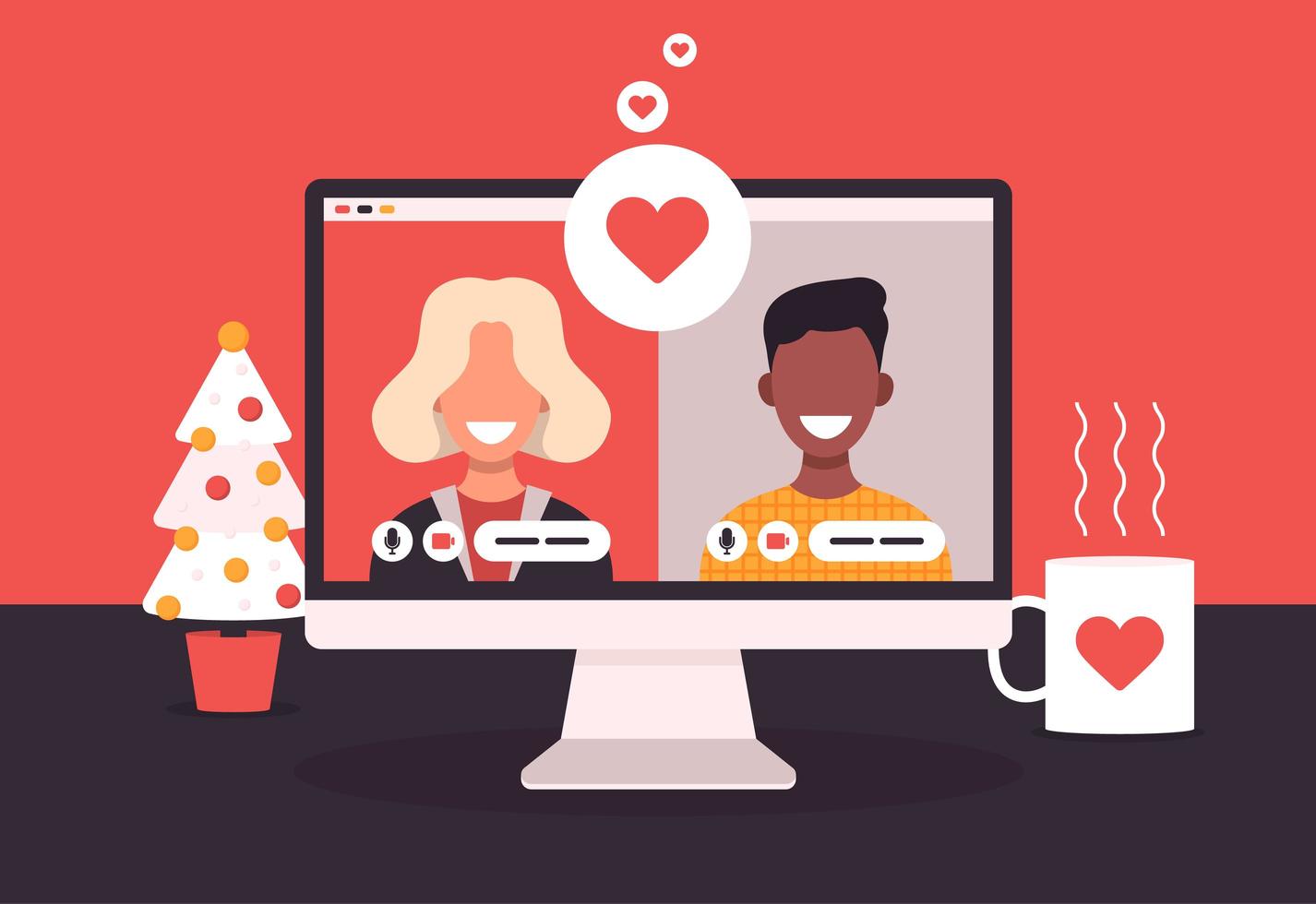 Online dating app concept with man and woman. Flat Vector illustration with african woman and white bald man on laptop screen.