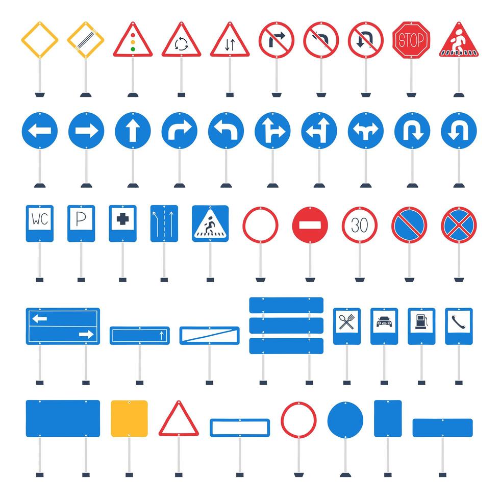 Vector mega set of cartoon road signs. Hand-drawn traffic sign icons isolated on white background.