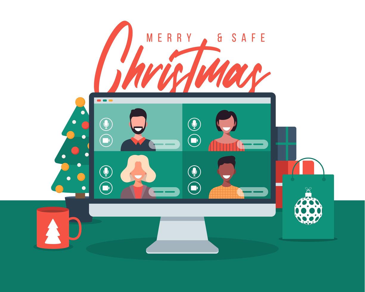 Christmas online greeting. people meeting online together with family or friends video calling on pc computer virtual discussion. Merry Safe Christmas office desk workplace, flat vector illustration