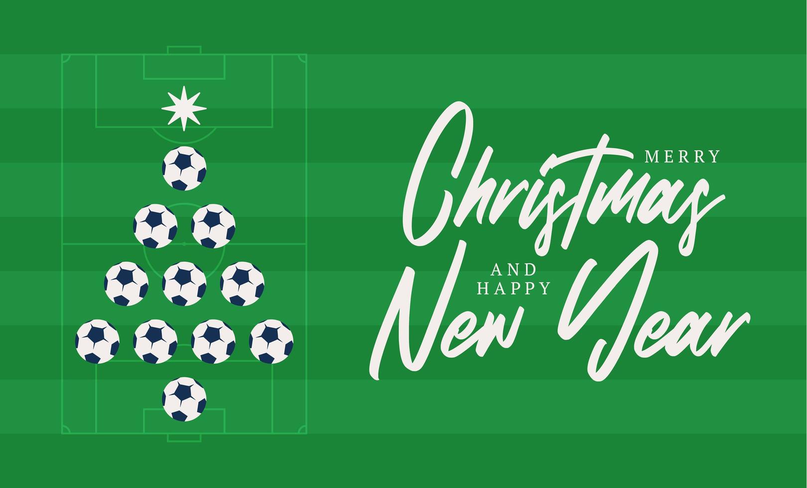 Christmas and new year greeting flat cartoon card. Creative Xmas tree made by football soccer ball on football field background for Christmas and New Year celebration. Sport greeting card vector