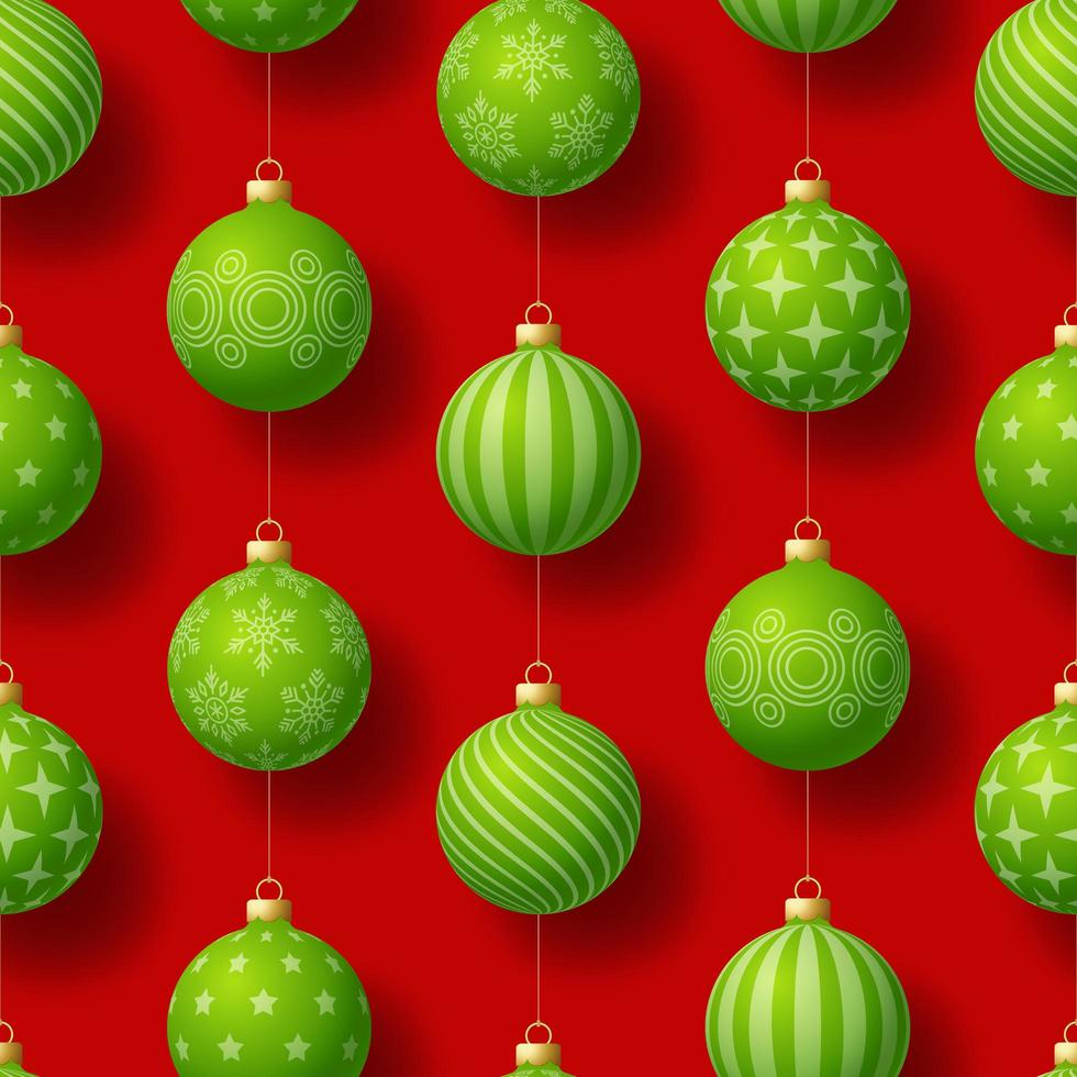 Navidad realista de patrones sin fisuras con motivos geométricos. Bola de chuchería verde sobre fondo rojo simple ilustración de vector de patrón de año nuevo