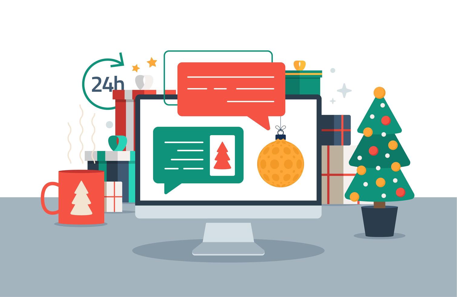 Christmas chatting on pc computer. Chat messages on computer online vector illustration, flat cartoon workspace or working desk laptop pc with chatting bubble notifications