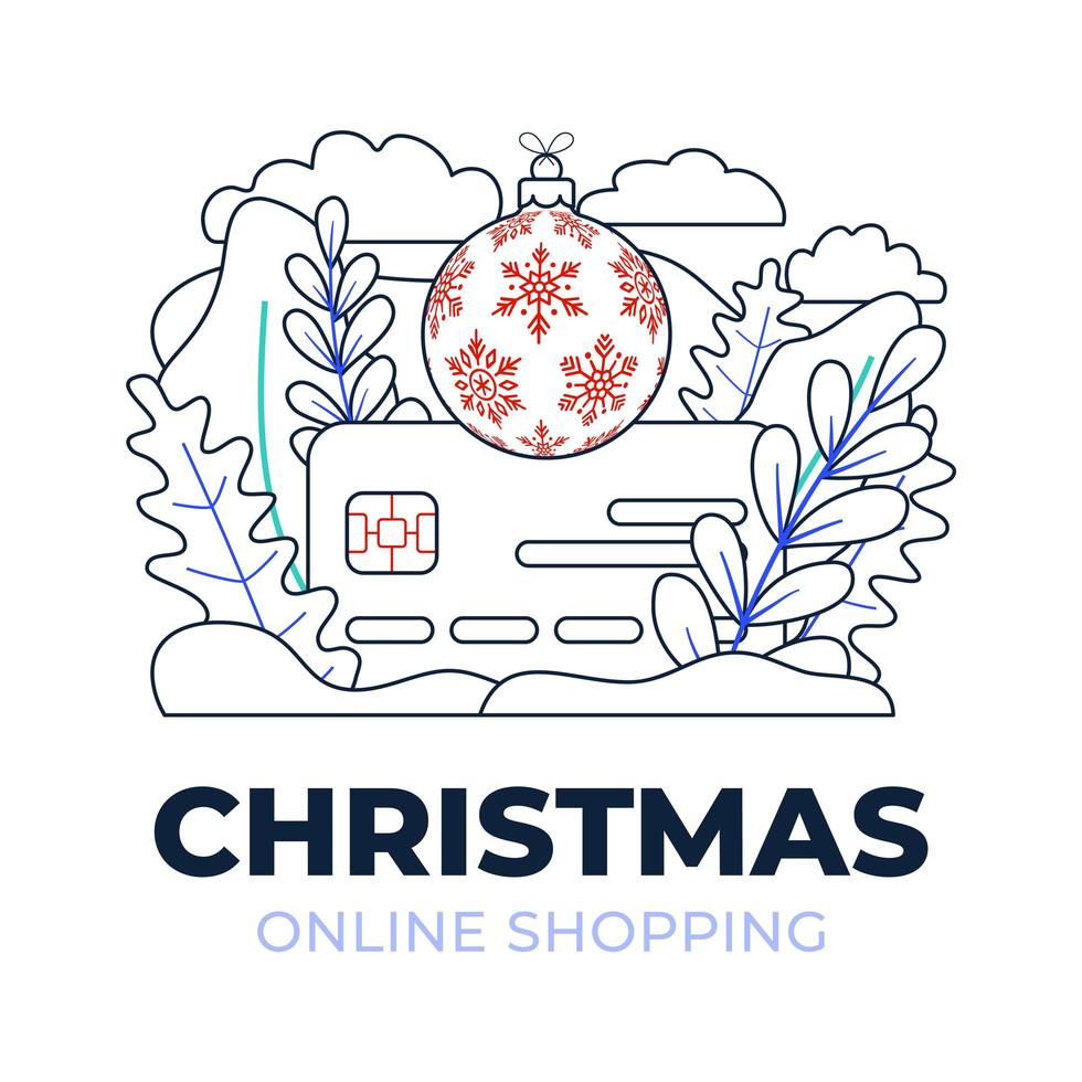 Christmas online shopping Credit card outline vector stock illustration isolated for landing page or presentation. Concept of online shopping during coronavirus. card with the christmas tree ball