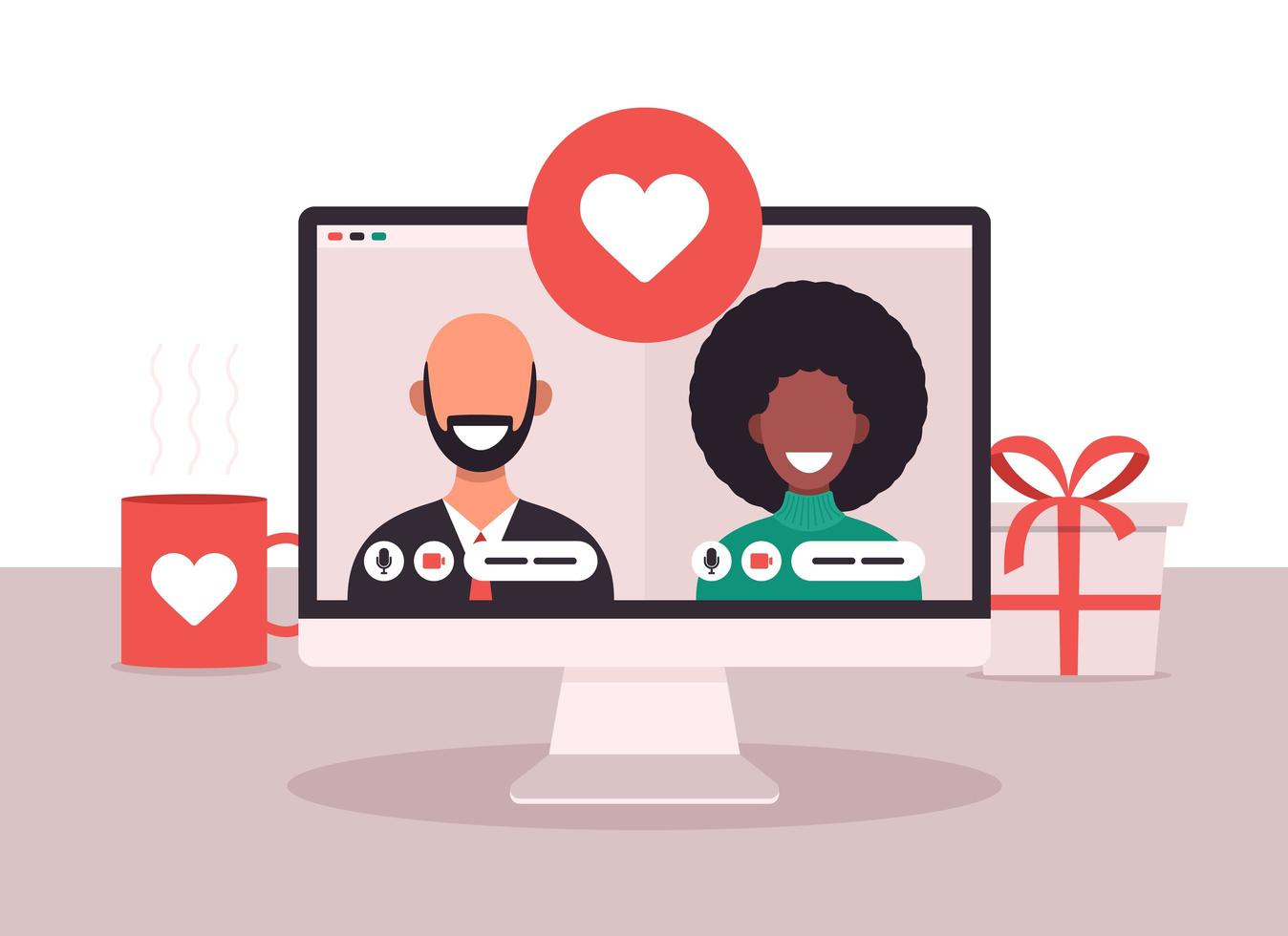 Online dating app concept with man and woman. Flat Vector illustration with african woman and white bald man on laptop screen.