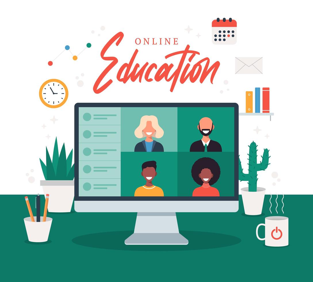 online education, e-learning, online course concept, home school vector illustration. students on laptop computer screen, distance learning, new normal, cartoon vector flat illustration