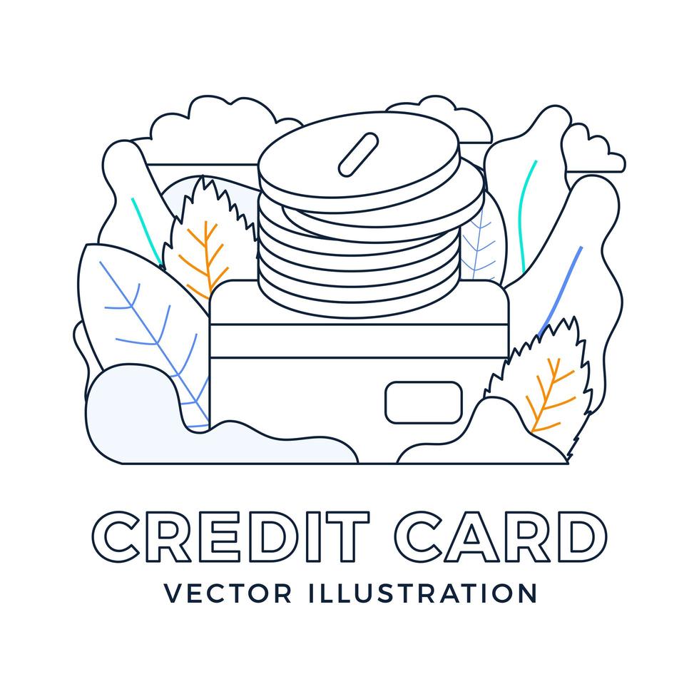 Stack of coins with a credit card vector stock illustration isolated on a white background. The concept of adding money to a bank account. The back side of the card with a stack of coins.