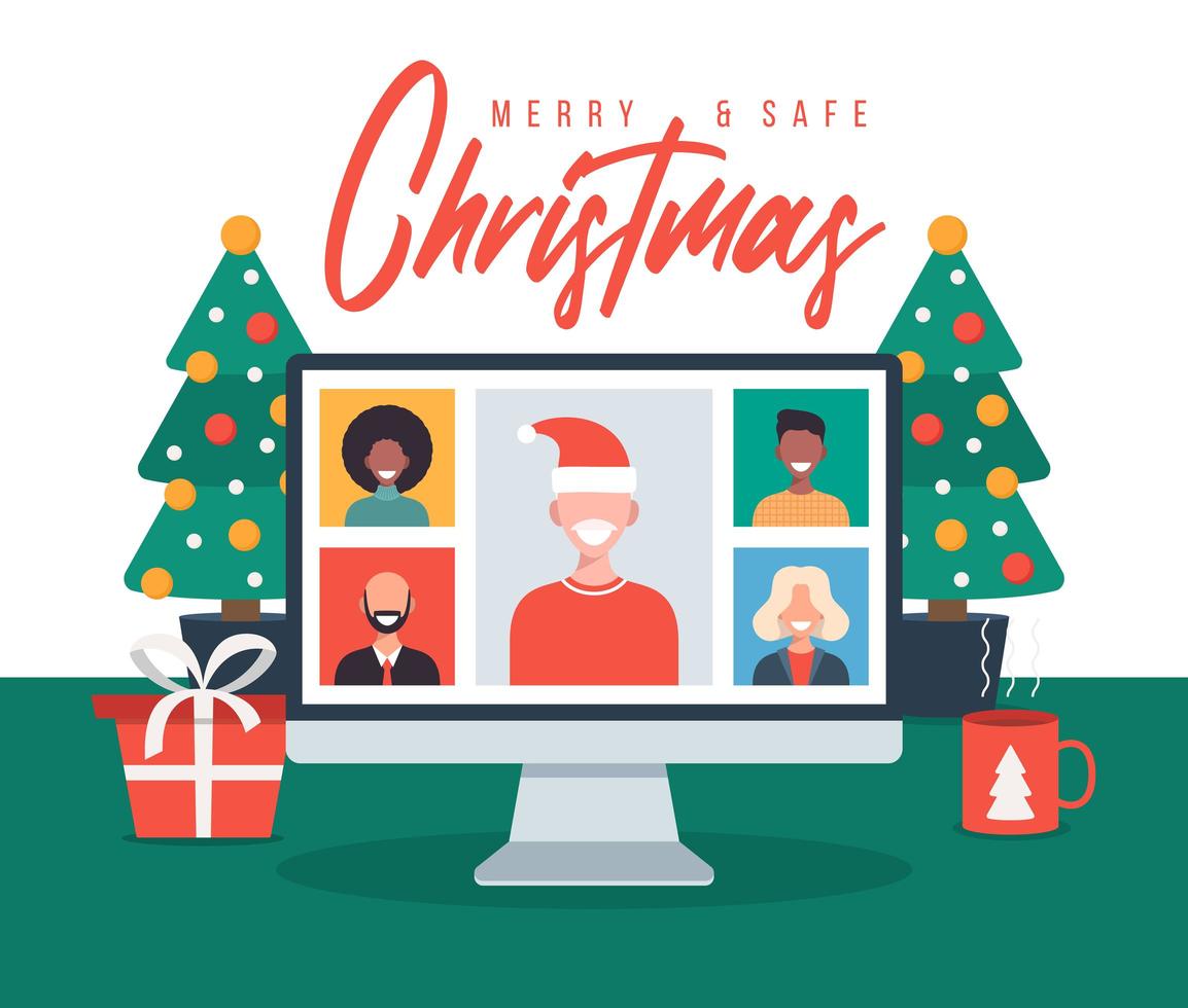 Christmas online greeting. people meeting online with family or friends video calling on pc computer virtual discussion. Merry and Safe Christmas office desk workplace, flat vector illustration
