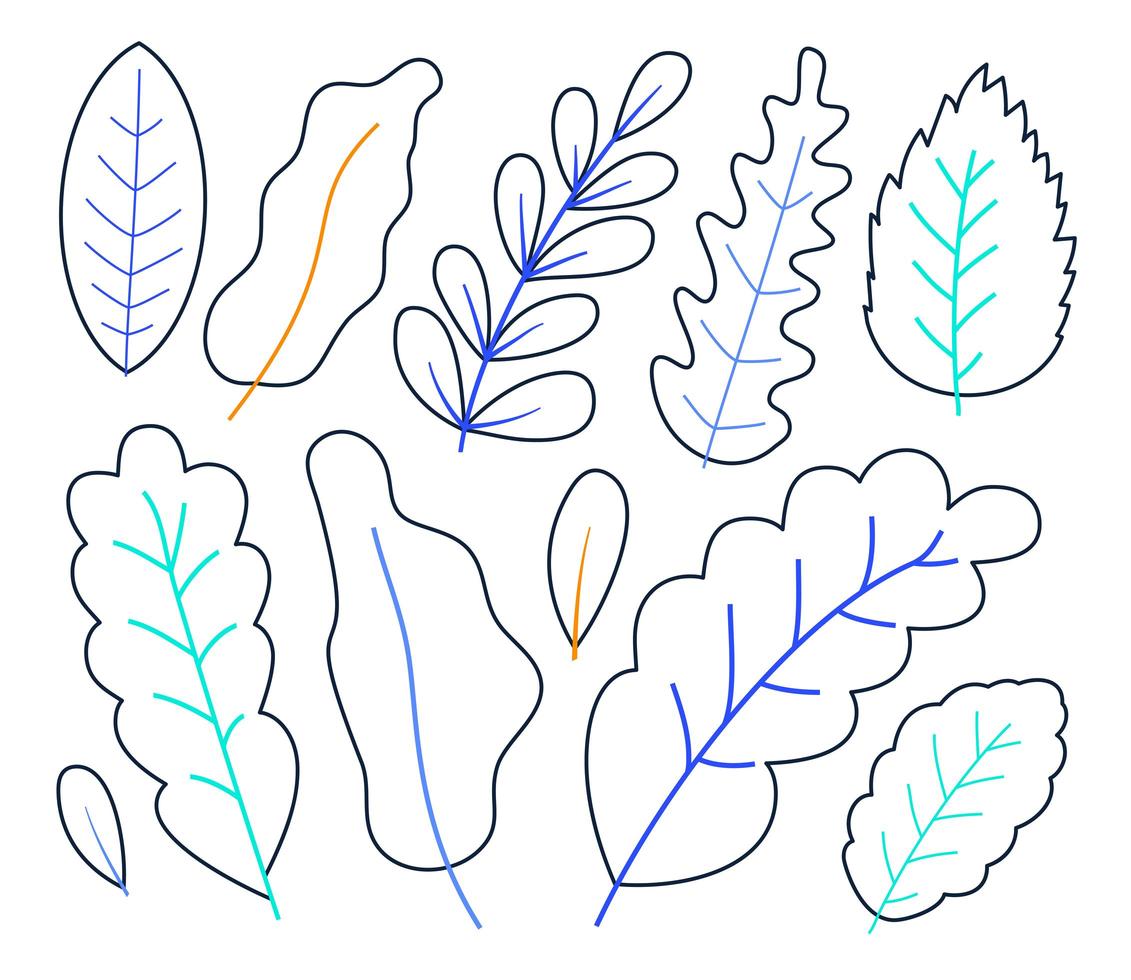 Conjunto de hojas de plantas dibujadas a mano en ilustración de stock de vector de estilo de contorno aislado sobre fondo blanco