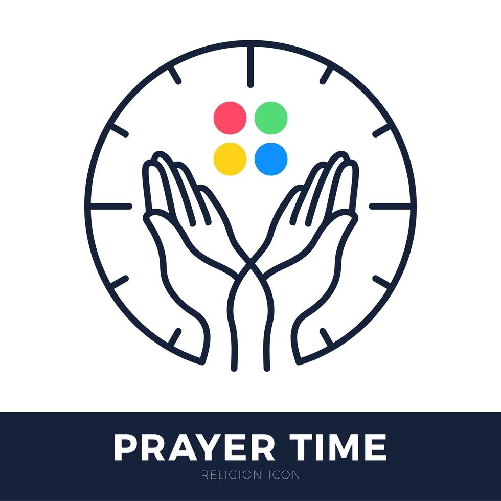 Time to Pray vector logo. Praying Hands Icon with clock.