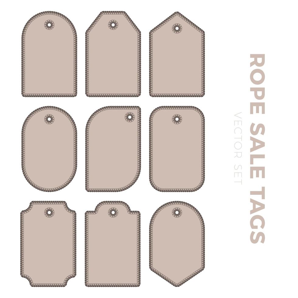 Set of blank gift tag labels for sale prices with rope outline. Rope frame Stickers of different round, square, rectangular other shapes vector