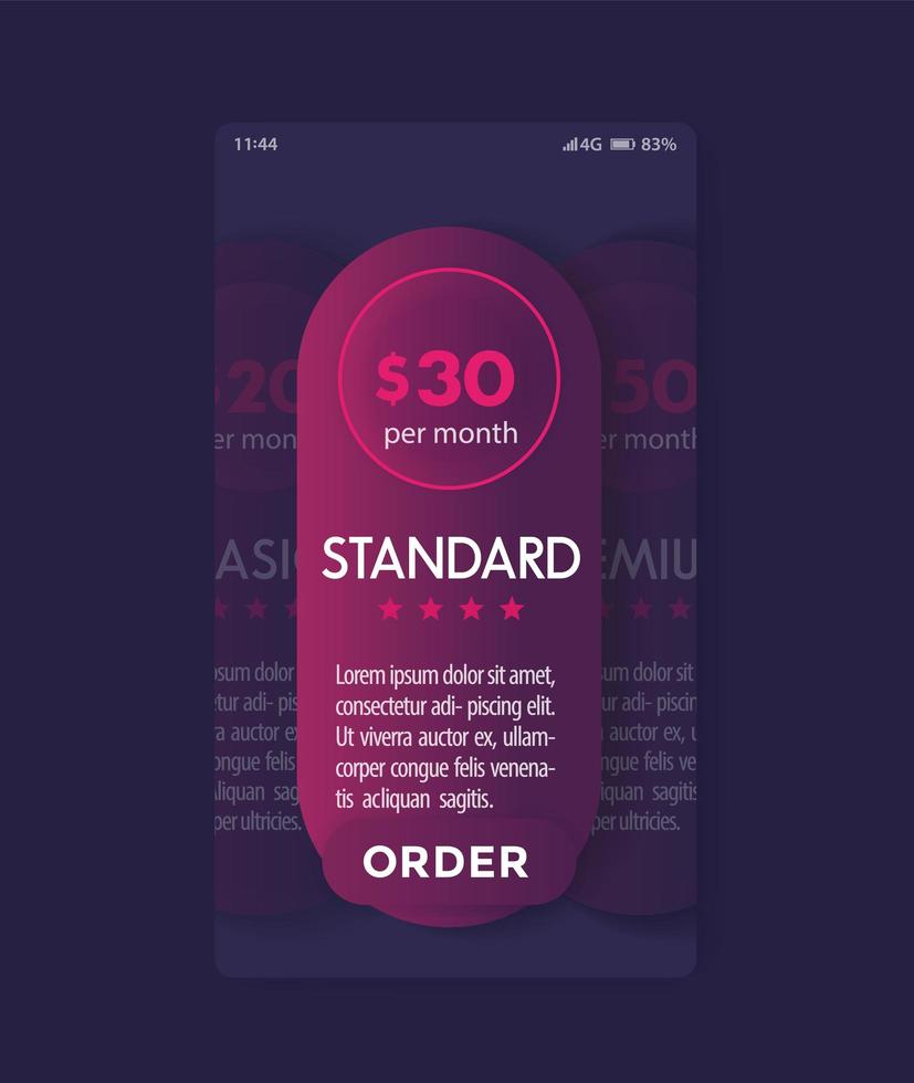 Banner for tariffs with prices, vector mobile template