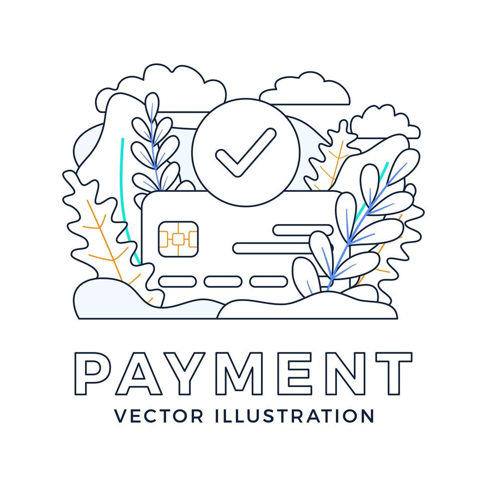 accepted payment Credit card vector stock illustration isolated on a white background. The concept of a successful bank payment transaction. The front side of the card with a check mark in a circle.