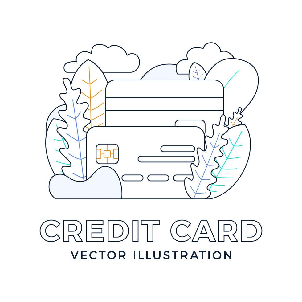 Credit card vector stock illustration isolated on white background. The concept of mobile banking and opening a bank account. Outline stylish illustration with abstract figures and leaves.