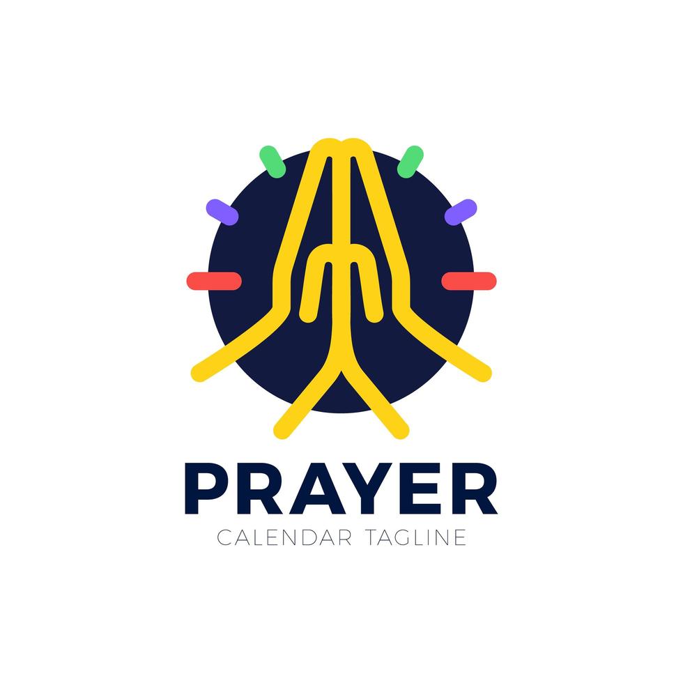Time to Pray vector logo. Praying Hands Icon with clock.