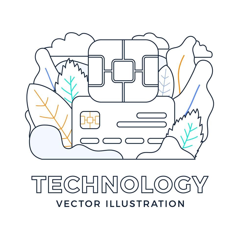 Ilustración de stock de vector de chip y tarjeta de crédito aislado en un fondo blanco. el concepto de tecnología digital en el sector bancario. tarjeta de crédito emv chip bank.