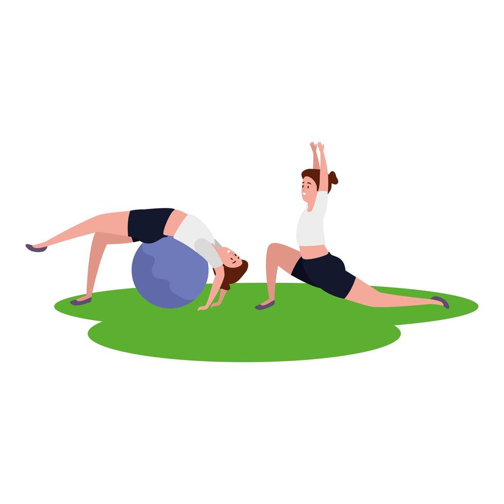 beauty girls couple practicing pilates with balloon in grass vector