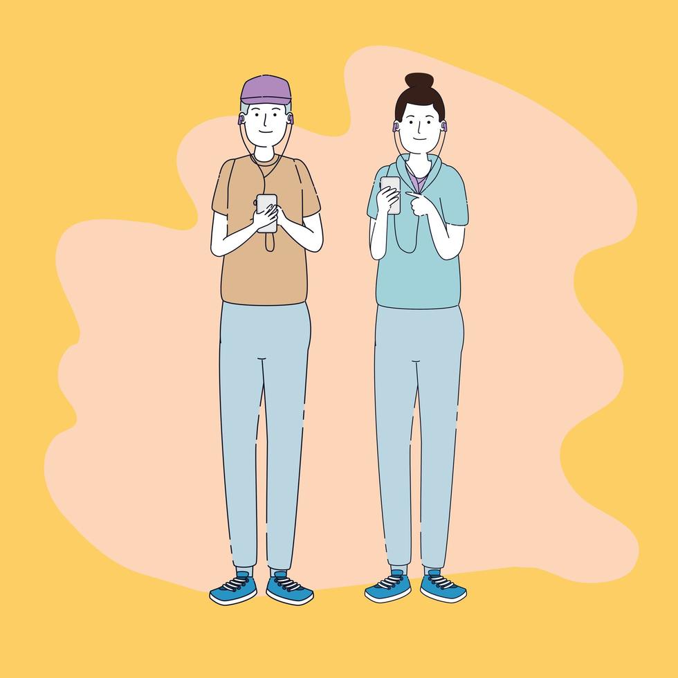 young couple friends listen music with player vector