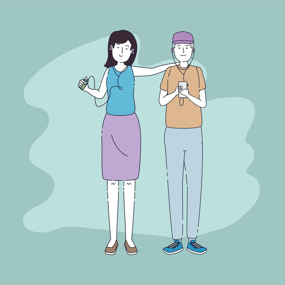 young couple friends listen music with player vector