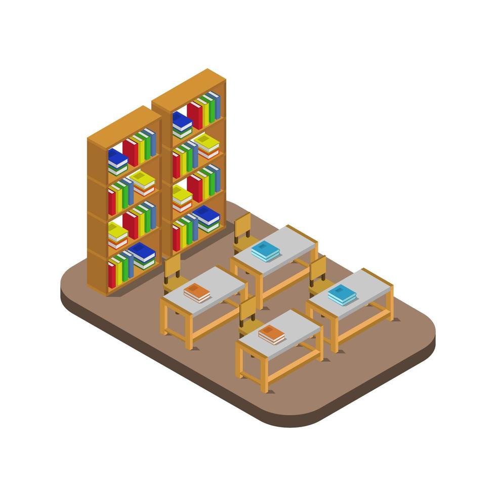 aula isométrica con estanterías vector