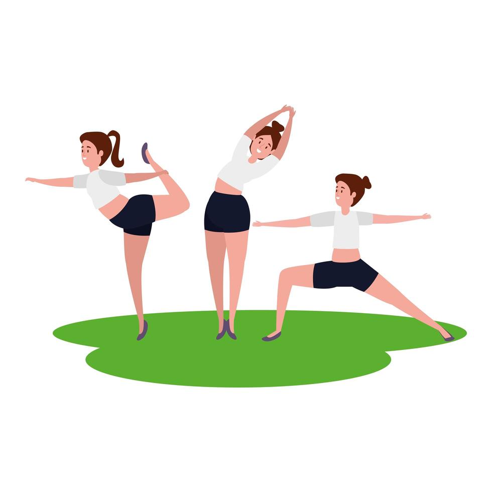 beauty girls group practicing pilates in the grass vector