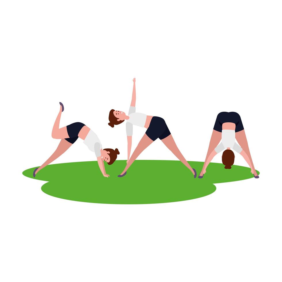 beauty girls group practicing pilates in the grass vector