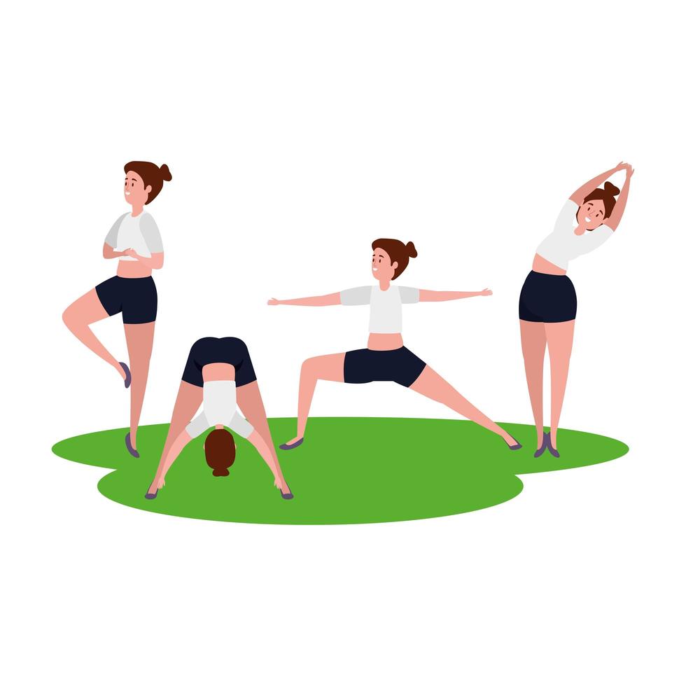 beauty girls group practicing pilates in the grass vector
