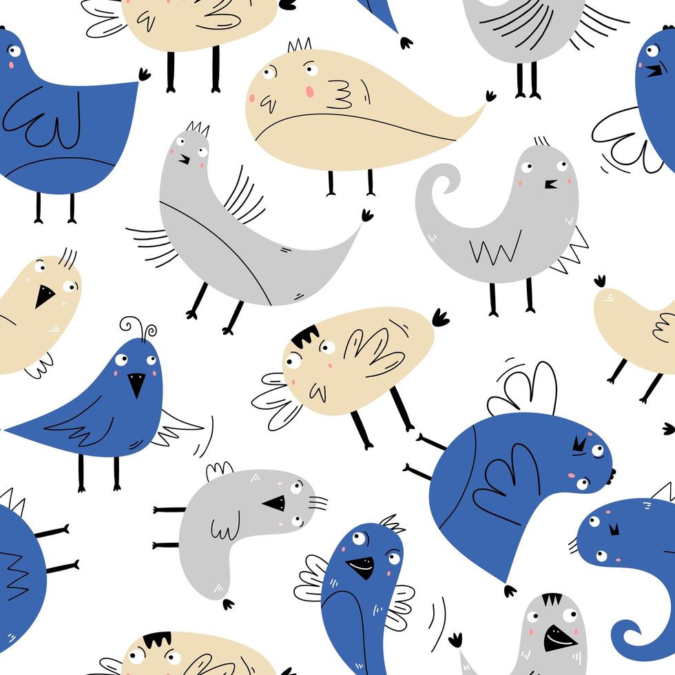 Bird cute seamless pattern, scandinavian hand drawn pastel colors. Good for fabric, background, wallpaper, and textile print. Vector illustration childish drawing nordic style. Blue and yellow colors.