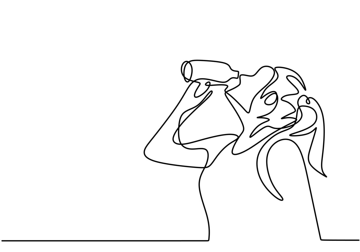 Continuous one line drawing, vector of young girl drinking water from bottle, woman feel fresh after sport exercise and jogging . Minimalism design with simplicity hand drawn.