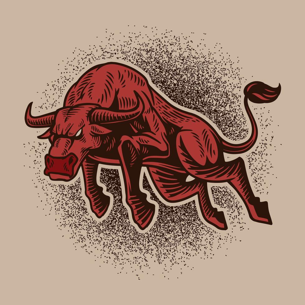 Ilustración de toro rojo dibujado a mano para camiseta, logotipo, papel tapiz o emblema aislado sobre fondo beige o crema. vector