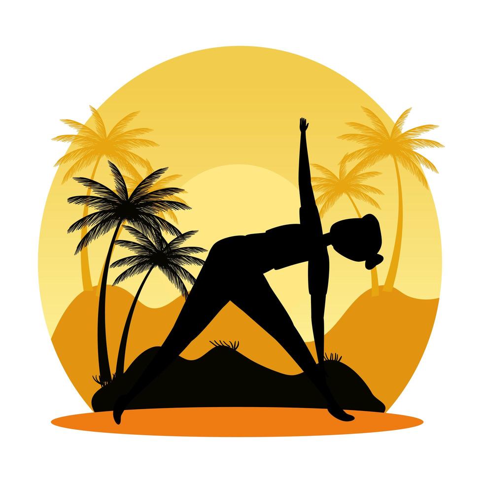 silueta de mujer practicando pilates en el paisaje atardecer escena vector