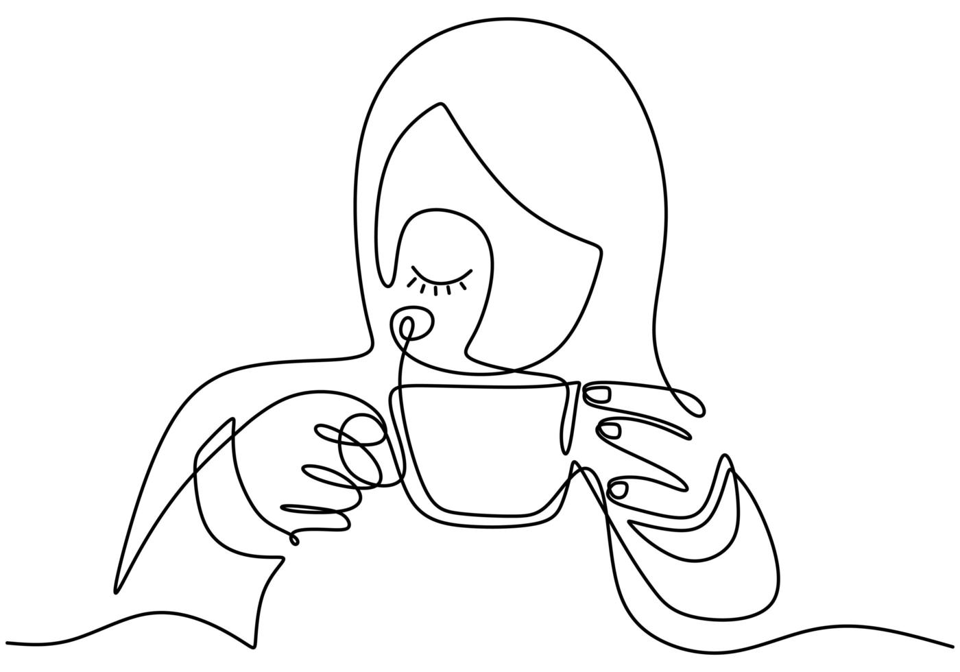 Continuous one line drawing, vector of girl drinking coffee with relax, trendy woman feel calm after drink beverage. Minimalism design with simplicity hand drawn isolated on white background.