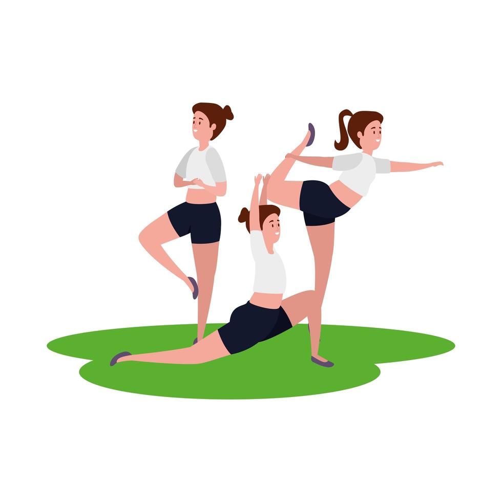 Grupo de chicas de belleza practicando pilates en la hierba vector