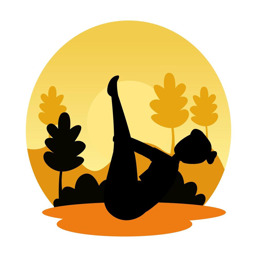 silhouette of woman practicing pilates on the landscape sunset scene vector