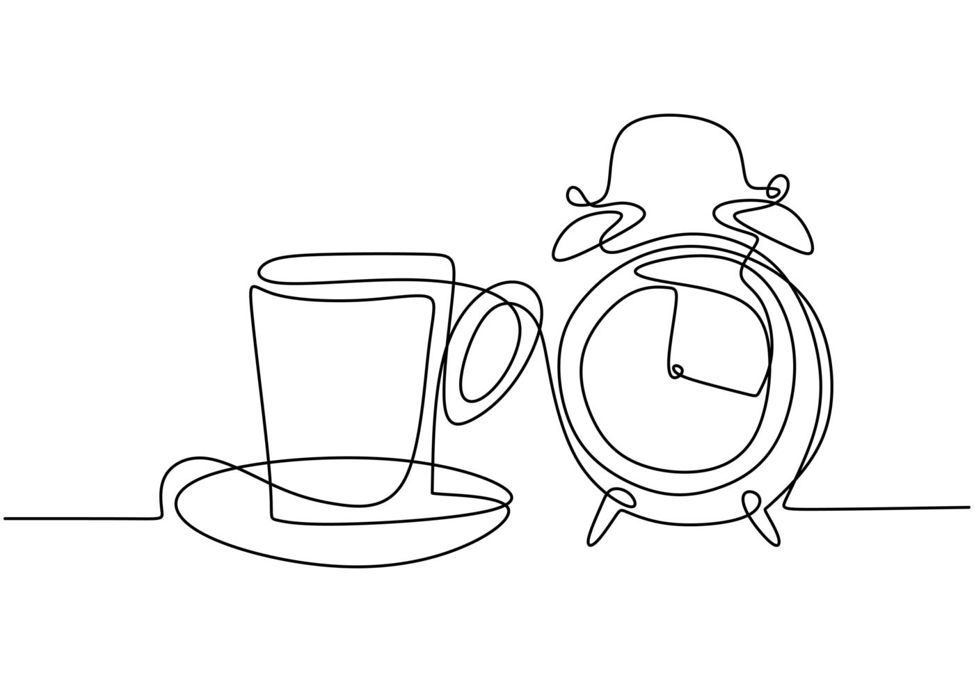 Continuous one line drawing, vector of clock alarm and coffee cup, symbol of time management, working area, and deadline. Minimalism design with simplicity hand drawn isolated on white background.