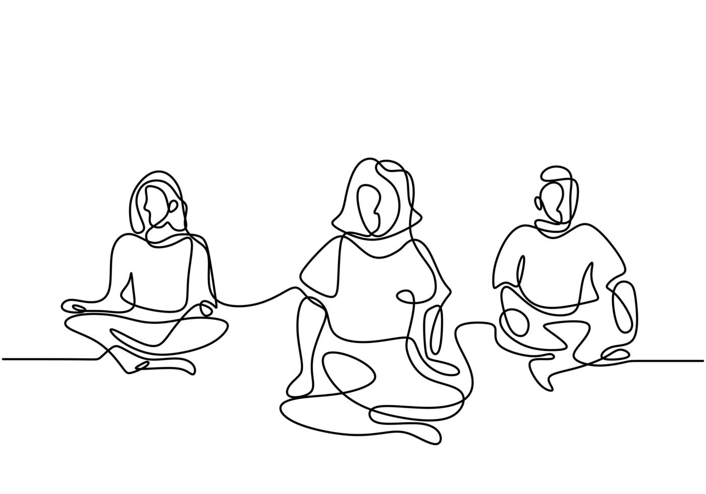 mujer haciendo ejercicio de yoga. Tres niñas sentadas con las piernas cruzadas meditando un diseño de dibujo de una línea continua aislado sobre fondo blanco. Carácter mujeres lecciones de yoga en grupo. ilustración vectorial. vector