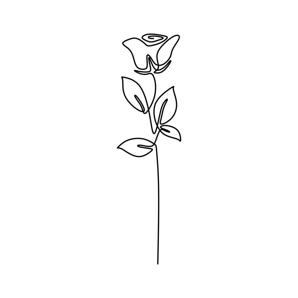 One line rose design. Continuous line drawing of rose flower. Beautiful rose sign of love isolated on white background. Tattoo idea. Hand drawn minimalism style vector illustration