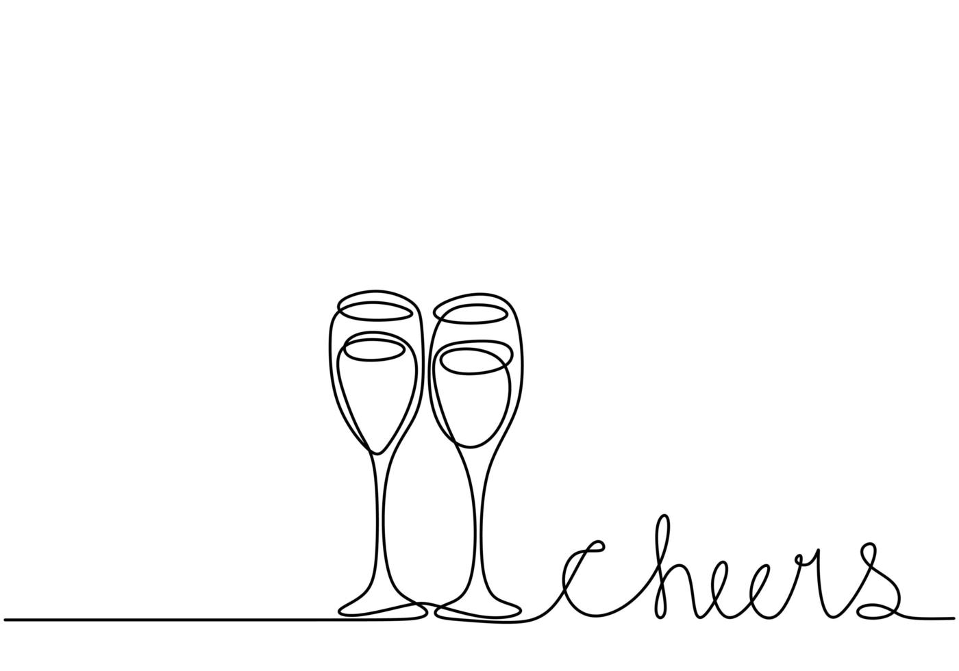 Continuous one line drawing. Cheering with glasses of wine or champagne. Minimalism sketch hand drawn isolated on white background. Simplicity line art abstract style. vector