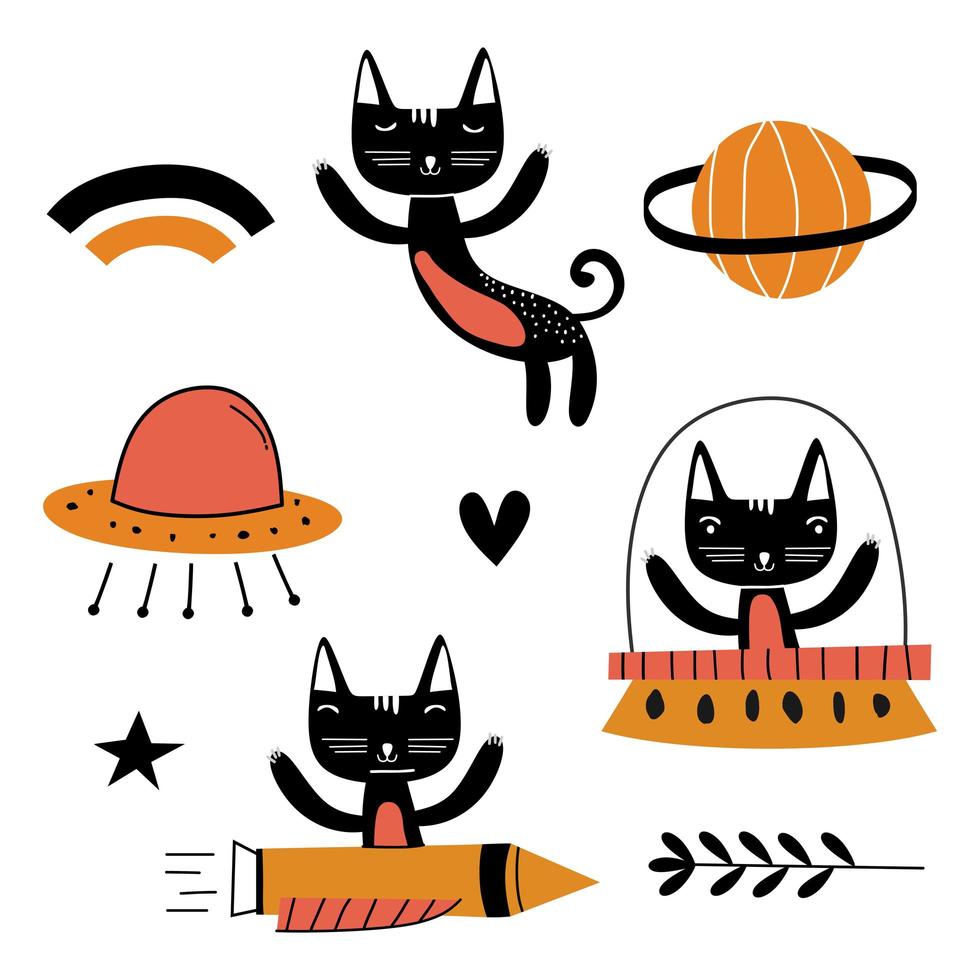 conjunto de arte lindo del diseño del vector del ejemplo del gato. volando astronautas animales divertidos para niños en el espacio, con planetas, estrellas, amor. concepto para niños imprimir. objetos aislados sobre fondo blanco.