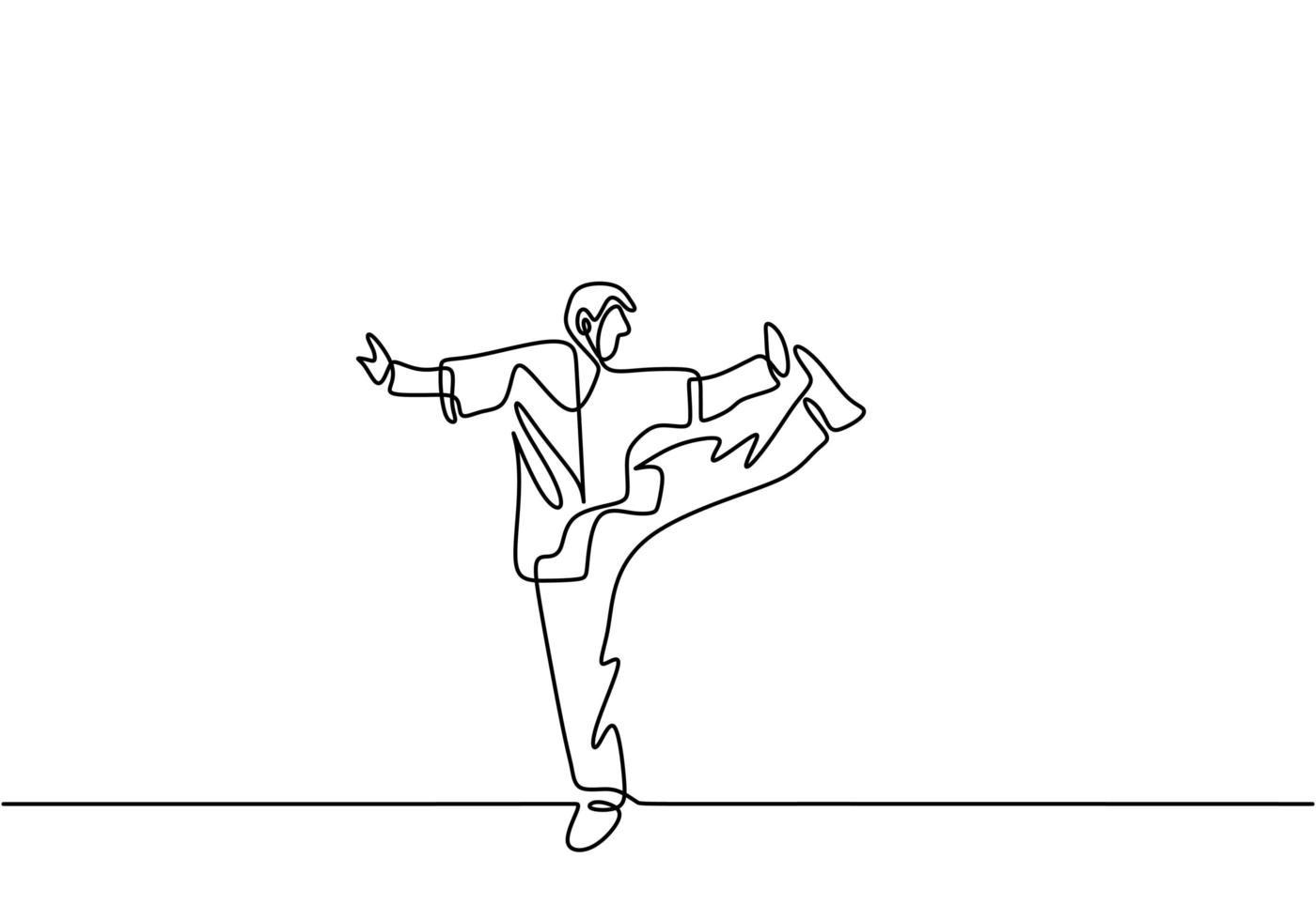 El hombre está haciendo entrenamiento de taekwondo ilustración vectorial de dibujo continuo de una sola línea. Hombre senior profesional de pie con una pierna mientras los brazos estirados para entrenar el equilibrio corporal estilo minimalista vector