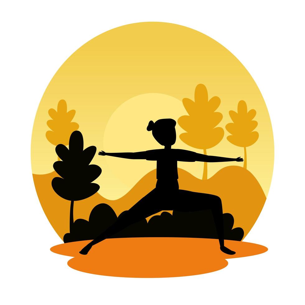 silhouette of woman practicing pilates on the landscape sunset scene vector