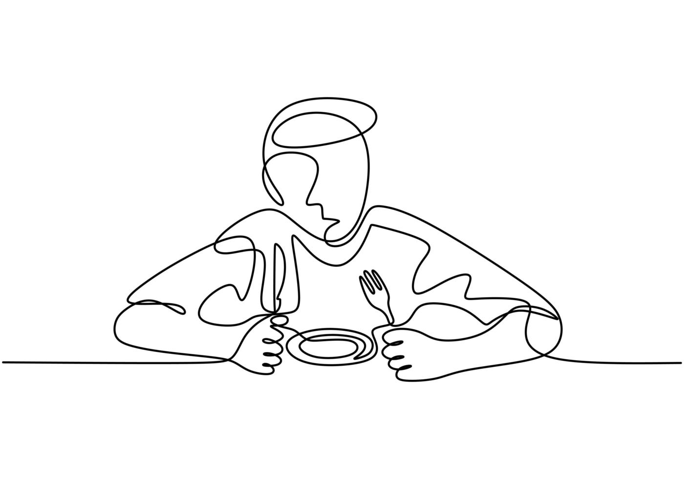 dibujo continuo de una línea, vector de persona comiendo con plato, tenedor y cuchara. diseño minimalista con simplicidad dibujado a mano aislado sobre fondo blanco.