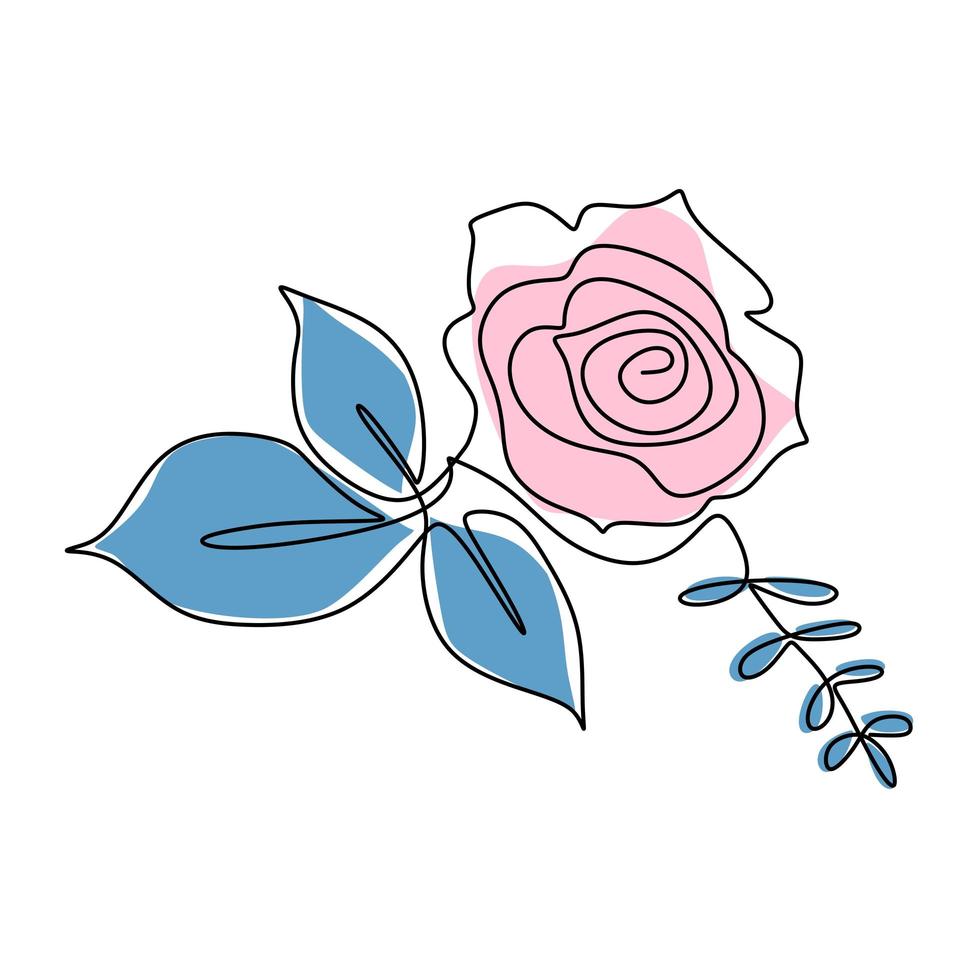 One line rose design. Continuous line drawing of rose flower. Beautiful rose sign of love isolated on white background. Tattoo idea. Hand drawn minimalism style vector illustration