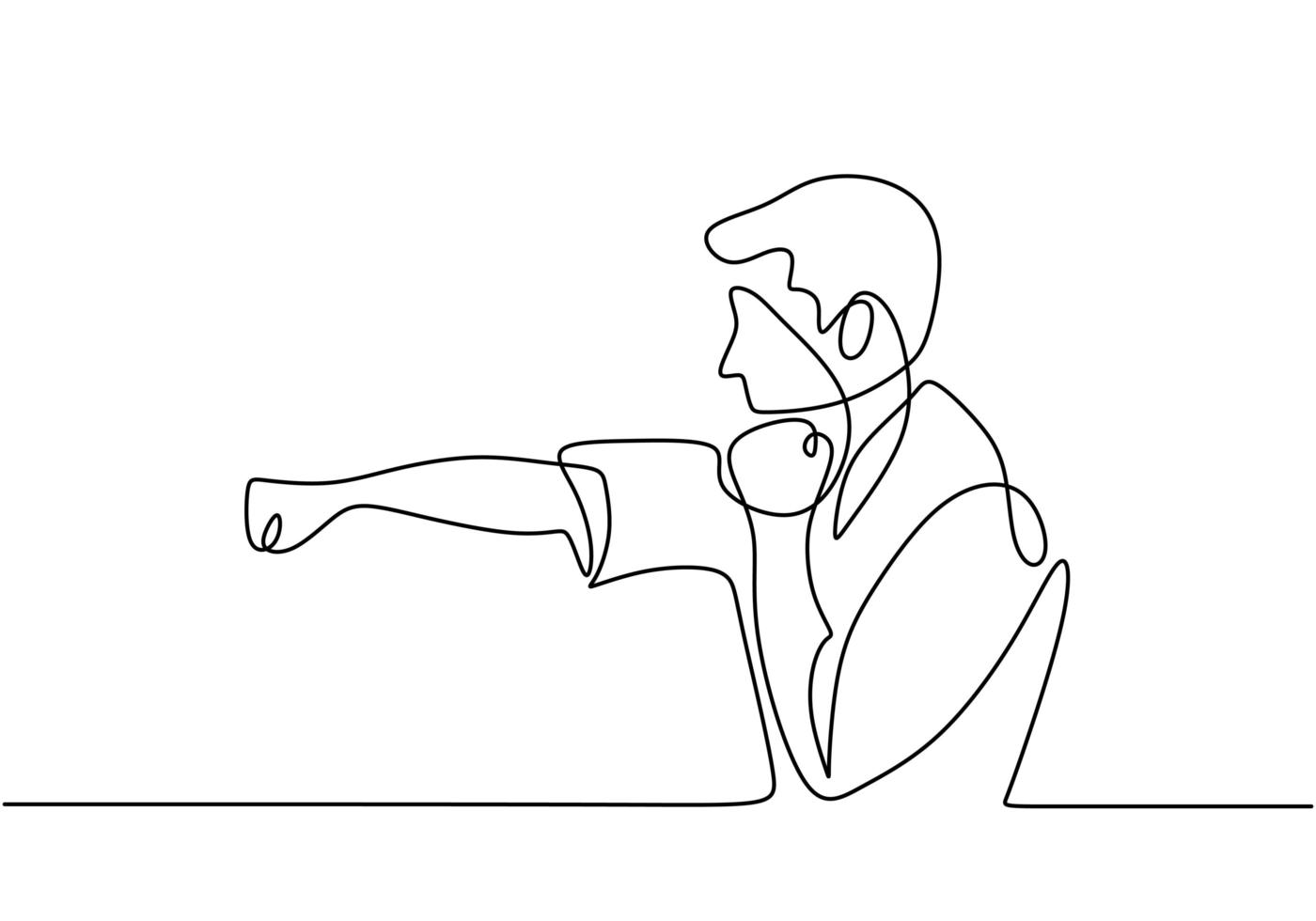 Continuous single line men doing movements in Taekwondo. Young sportive man practice hitting movements with his hands isolated on white background. Character man with fighting sport vector