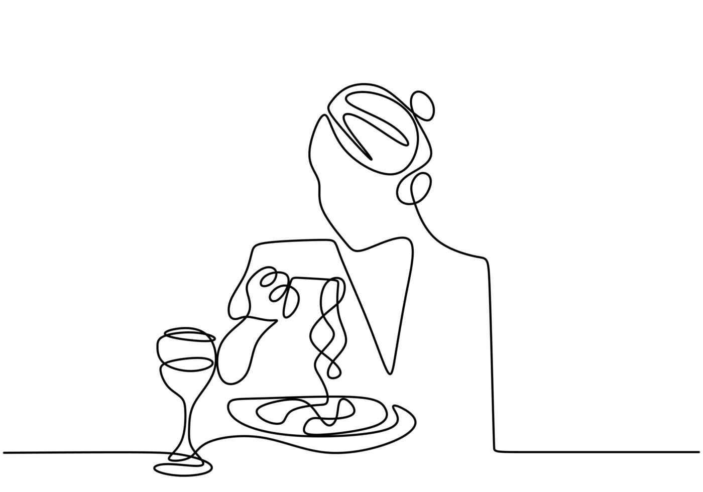 Continuous one line drawing, vector of young woman eating meal food. Minimalism design with simplicity hand drawn isolated on white background. Pretty girl eating dinner or breakfast.