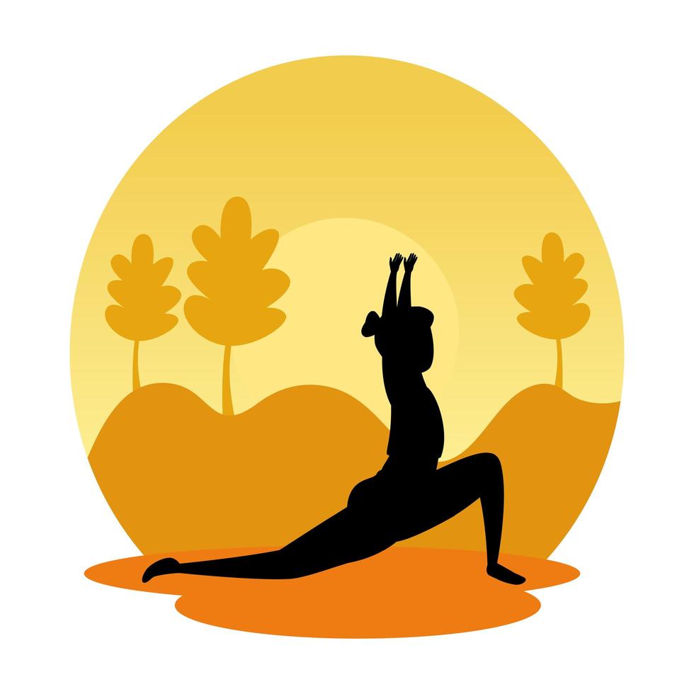 silhouette of woman practicing pilates on the landscape sunset scene vector