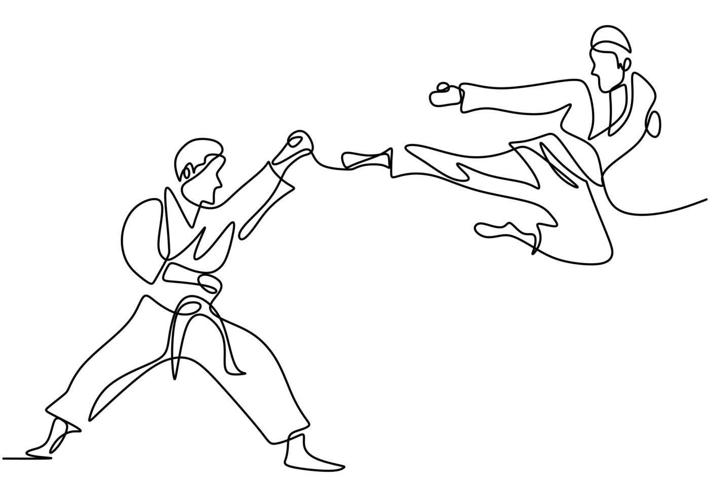 un solo dibujo de línea continua del entrenamiento de taekwondo y karate.  Dos hombres mayores practican taekwondo atacando con piernas y golpes de  mano dibujar a mano aislado sobre fondo blanco. 1919245