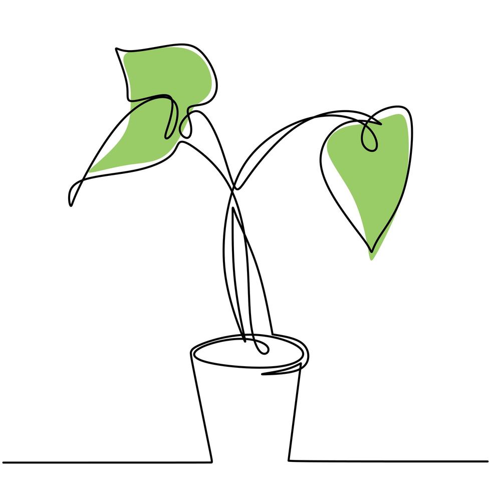 dibujo continuo de una línea de la planta de la casa en maceta. Plantas decorativas botánicas boceto diseño de contorno, aislado sobre fondo blanco. concepto de planta de interior decorativa. ilustración vectorial vector