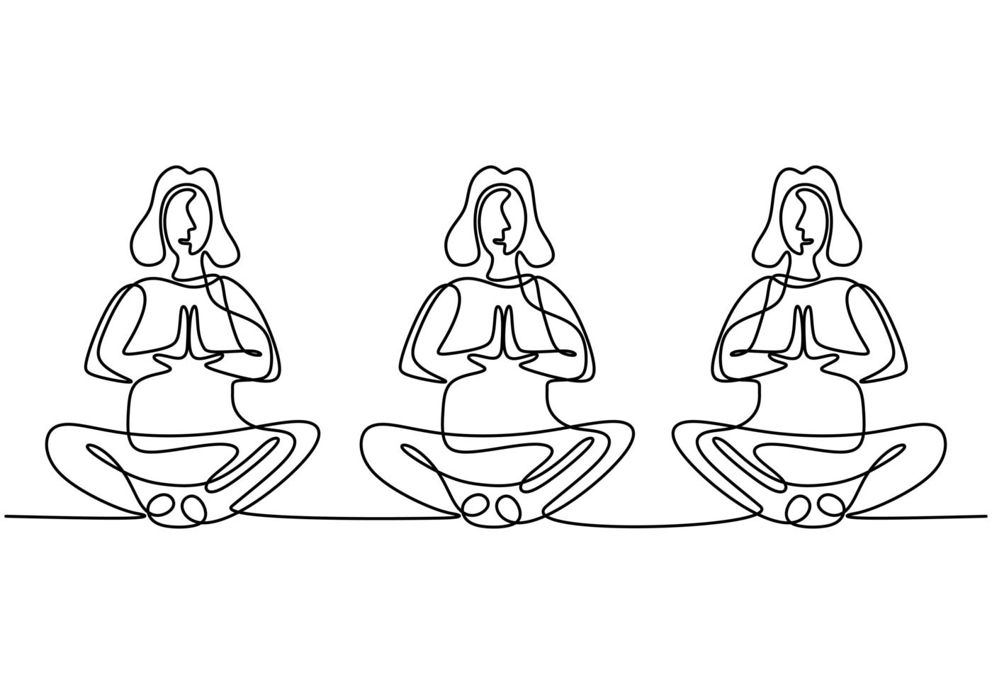 mujer haciendo ejercicio de yoga. Tres niñas sentadas con las piernas cruzadas meditando un diseño de dibujo de una línea continua aislado sobre fondo blanco. Carácter mujeres lecciones de yoga en grupo. ilustración vectorial. vector