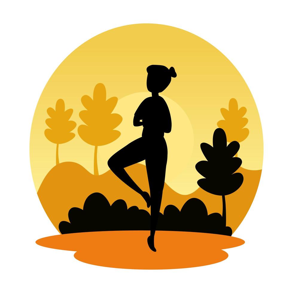 silhouette of woman practicing pilates on the landscape sunset scene vector