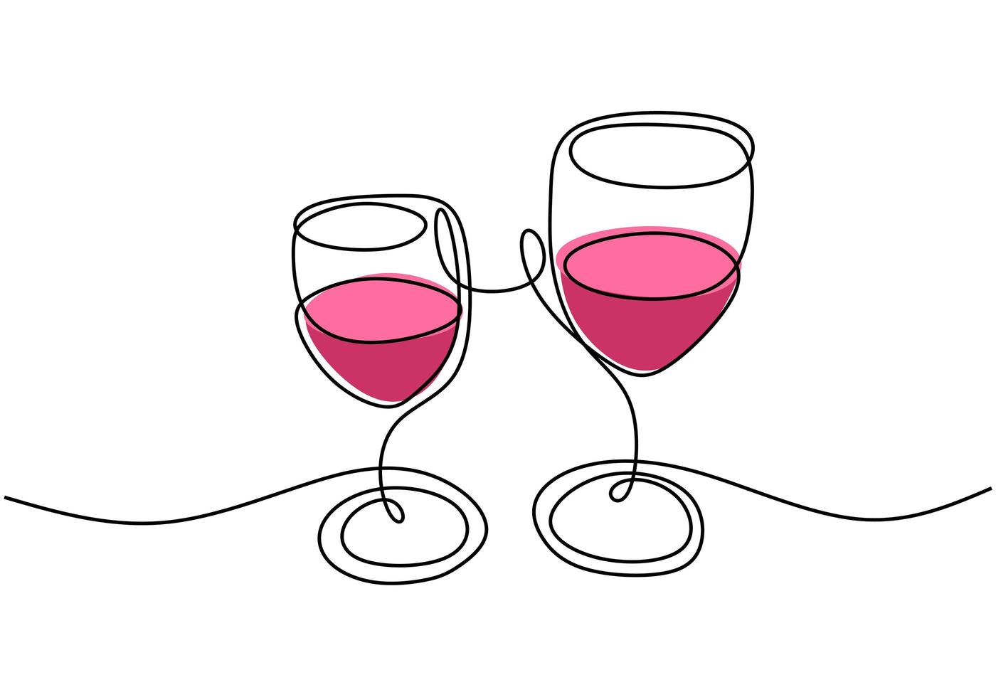 dibujo continuo de una línea, vector de vítores, dos copas de vino tinto, celebración de fiestas con alcohol. diseño minimalista con simplicidad dibujado a mano aislado sobre fondo blanco.